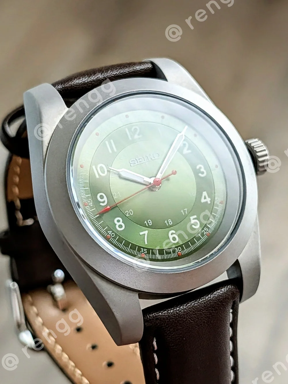 Sandblasted Seiko Green Olive Dial Field Mod Watch Sapphire Smooth Sweep Second